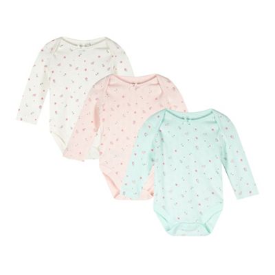 Pack of three babies cream, pink and green floral pointelle bodysuits
